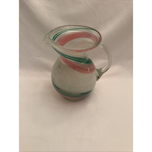 Hand Blown Art Glass Pitcher Pink And White Swirl With Handle 7” Tall - Picture 1 of 5